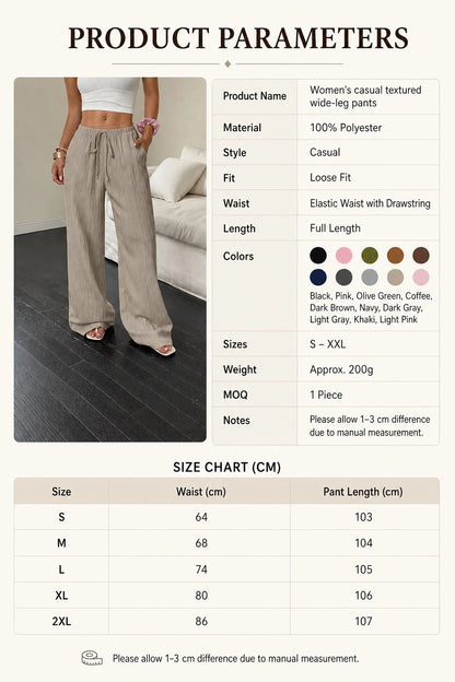 Women's Elegant Multi-Functional Stretch Waist Comfortable Casual Pants, Slightly Stretchy Simple Solid Textured Fabric High-Waist Wide-Leg Pants with Drawstring Waist and Slanted Pockets