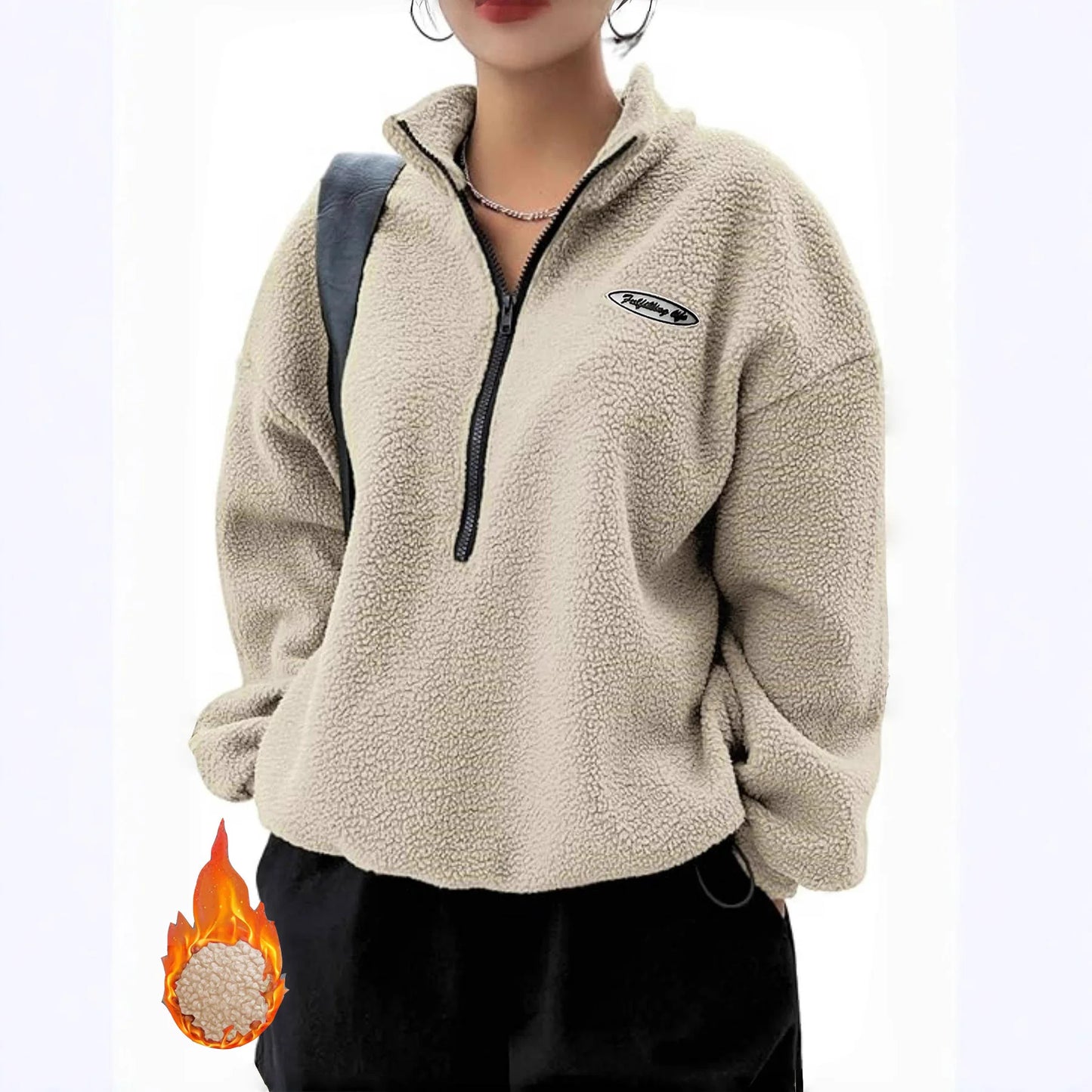 Autumn Winter Women Fleece Pullover High Neck 1/4 Zip Sweatshirts Retro Badge Green Loose Warm Teddy Outwear Harajuku Clothing