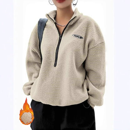 Autumn Winter Women Fleece Pullover High Neck 1/4 Zip Sweatshirts Retro Badge Green Loose Warm Teddy Outwear Harajuku Clothing