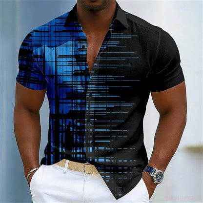 Men's color-blocked abstract striped short-sleeved shirt, summer fashion casual men's shirt, Hawaiian shirt, sizes XS-6XL.