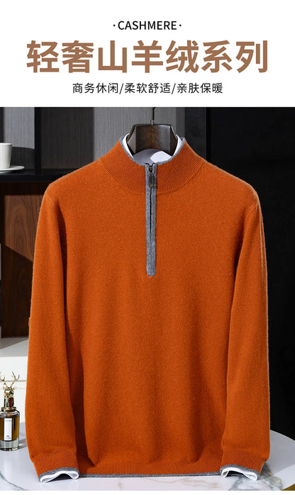 Men's 100% Cashmere Pullover Sweater Autumn/Winter Business Leisure Color Block Knitted Loose Fit Half High Collar Zipper Top
