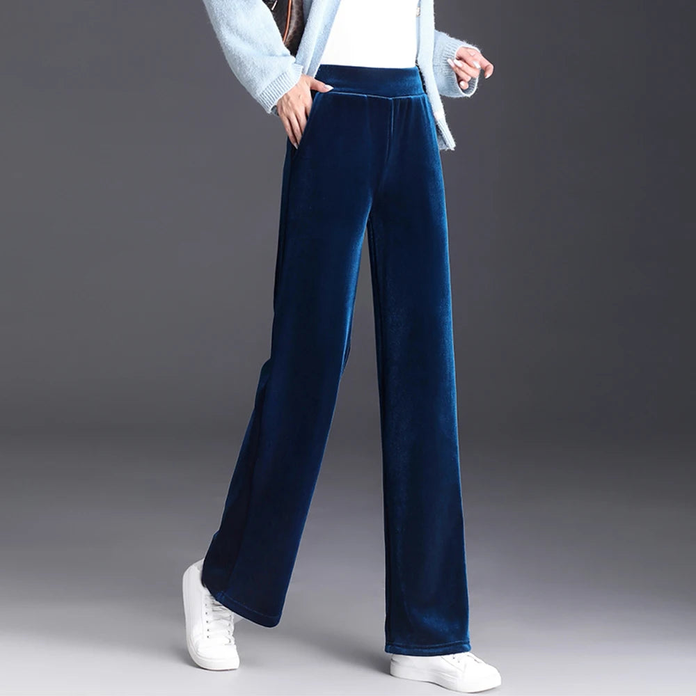 Korean style blue velvet wide leg pants for women in spring and autumn, high-end fashion, loose fit, plus size casual pants