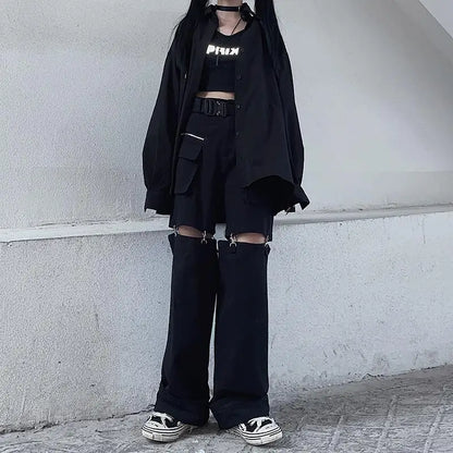 New 2025 Streetwear Black Pants for Women Fashion High Waist Detachable Streetweart Cargo Pants Woman