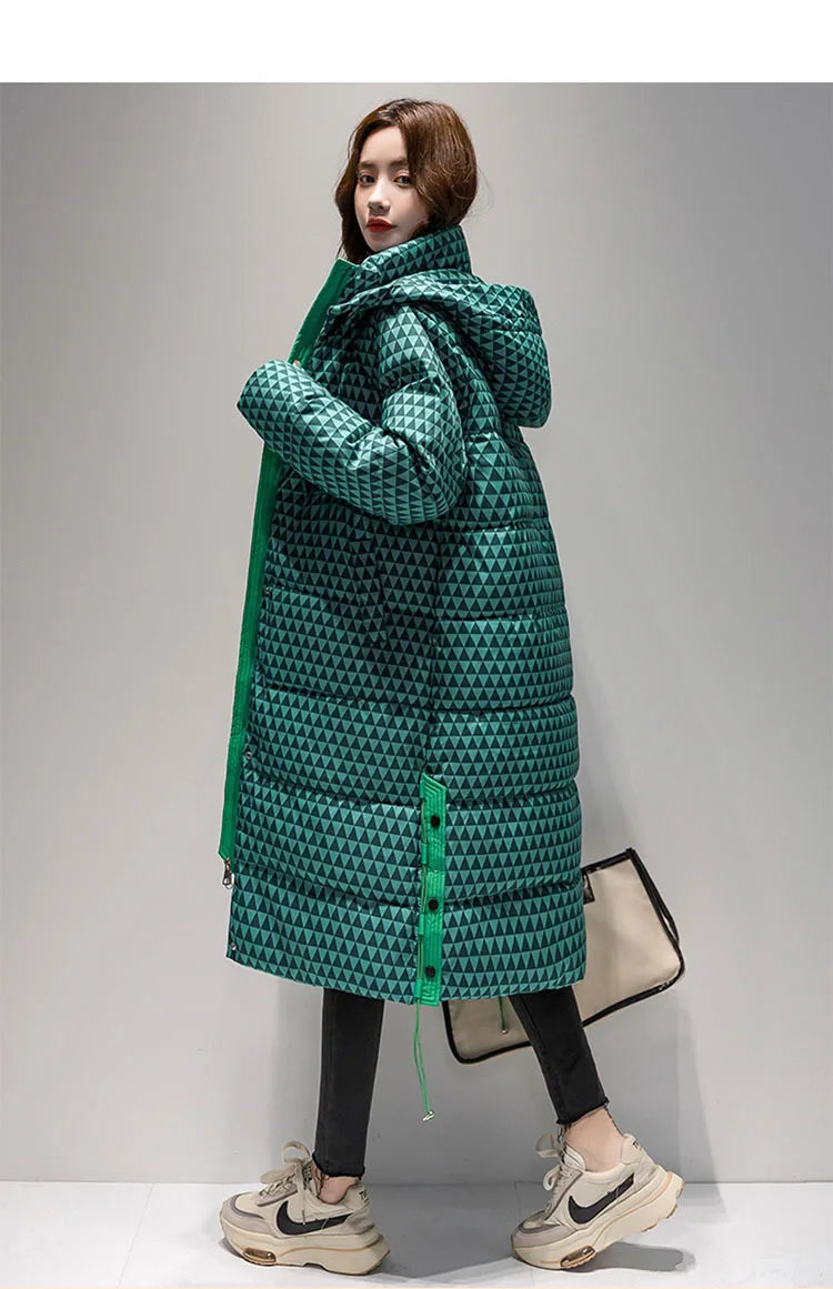 2023 Winter Warm  Plaid Long  Coat Women ' s Fashion Thicken Hooded Puffer Jacket Female Windproof Warm Outwear