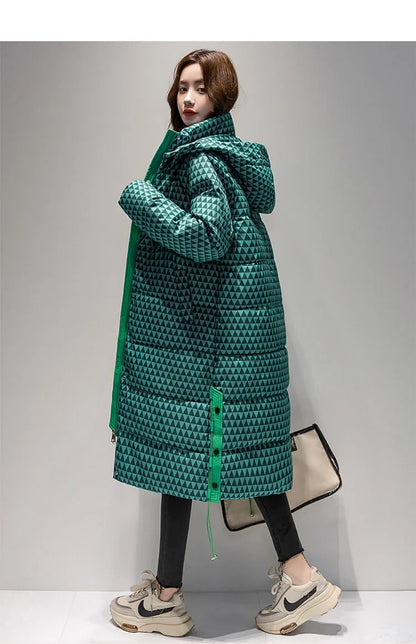 2023 Winter Warm  Plaid Long  Coat Women ' s Fashion Thicken Hooded Puffer Jacket Female Windproof Warm Outwear