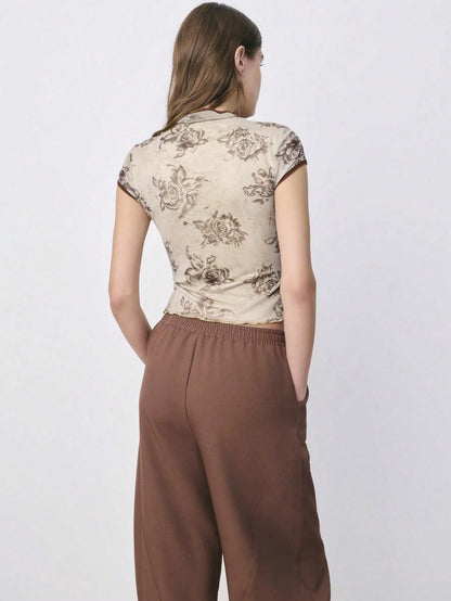 Vintage Chinese Style Rose Print Cheongsam Collar Short Sleeve T-Shirt, Retro Frog Button Slant Placket Slim Fit Crop Top, Summe
