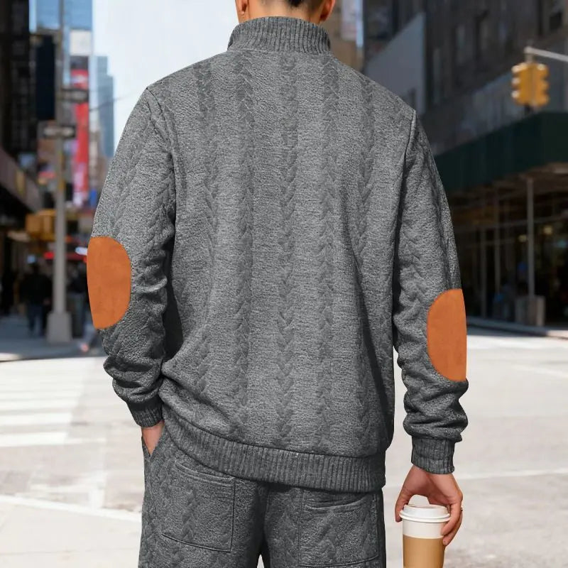 Men's Waffle Knit Quarter Zip Pullover with Contrast Trim and Elbow Patches Casual Long Sleeve Sweater