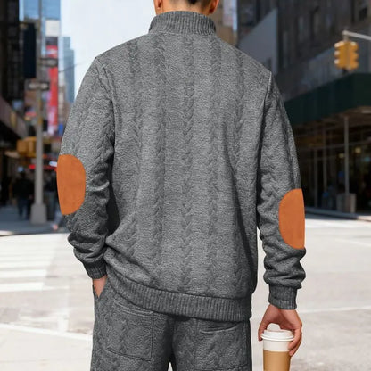 Men's Waffle Knit Quarter Zip Pullover with Contrast Trim and Elbow Patches Casual Long Sleeve Sweater