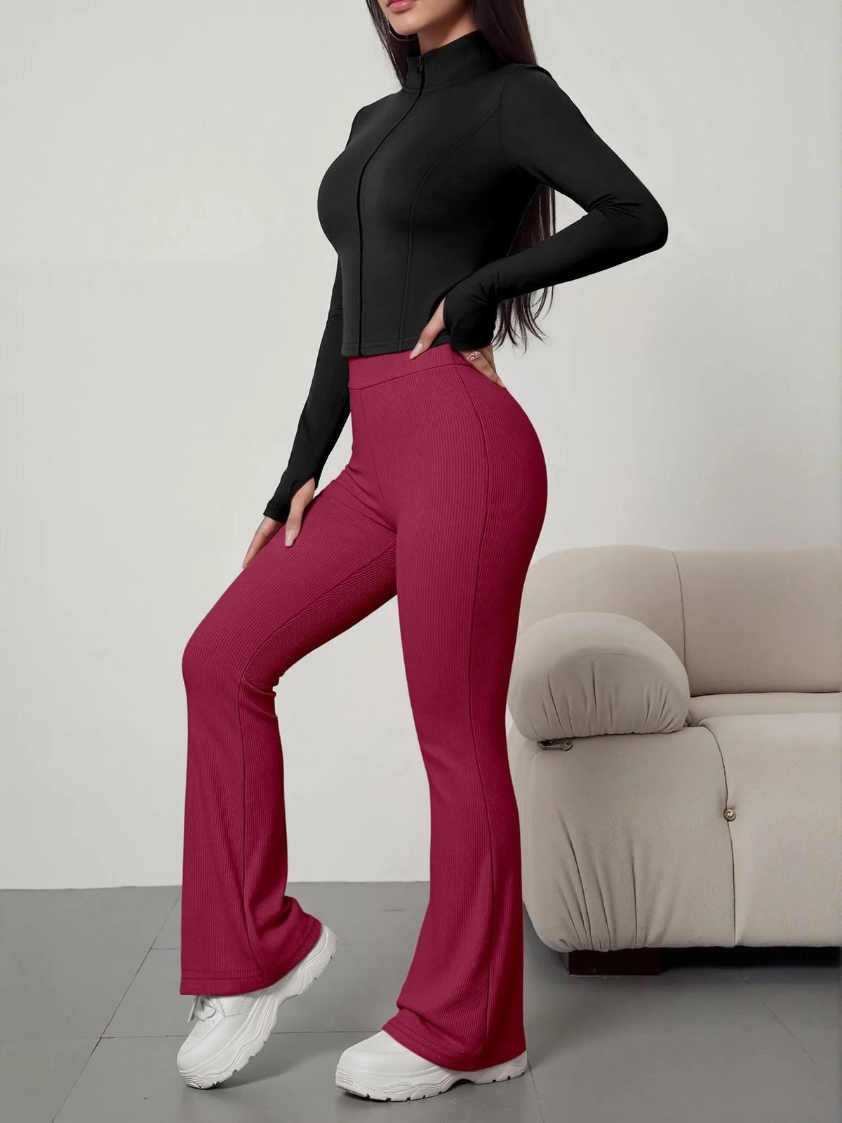 European American Women Ribbed Knit Two Piece Set, Long Sleeve Zip Top With High Waist Flare Pants, Casual Slim Daily Outfit