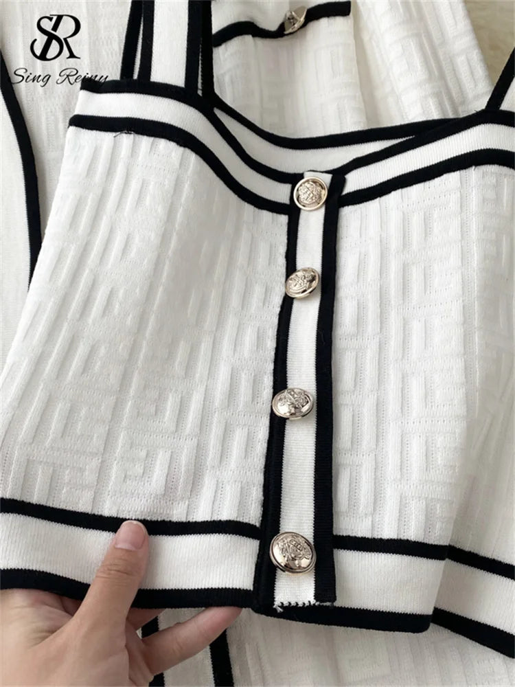 SINGREINY Autumn Knitwear 3PC Sets Long Sleeves Cardigan+Single Breasted Spaghetti Strap+High Waist Elastic Shorts Casual Suits