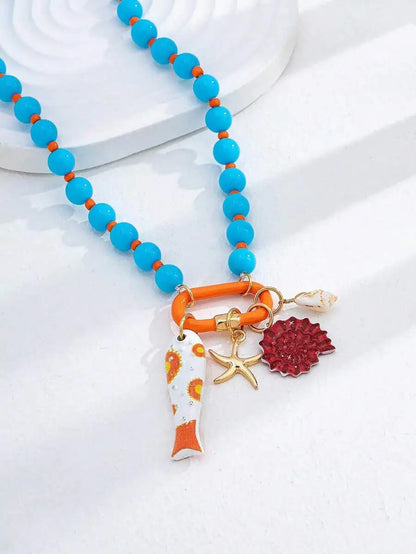 1pc Summer Beach Multi-Layer Resin Beaded Necklace, Colorful Fish & Starfish Charms, Boho Jewelry for Vacation & Beach Party