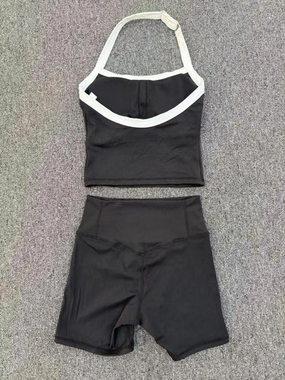 Fashion Patchwork Skinny Shorts Set Gym Women Workout Clothing Summer Sleeveless Backless Fitness Sport Suit Women Sportwear Red