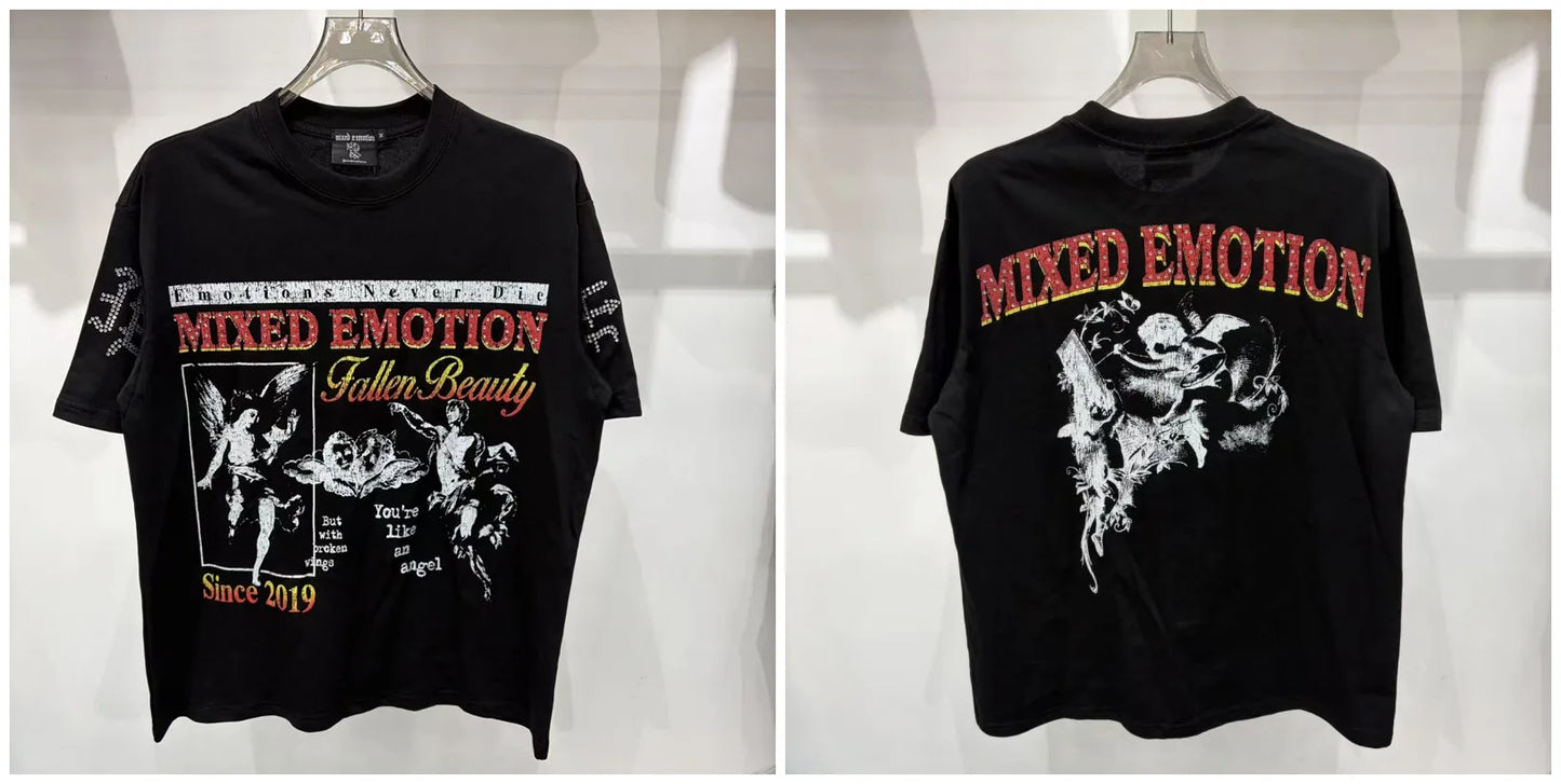 New MIXED-EMOTION Rhinestone cartoon printed pattern 100% cotton Men Women T-shirt Loose casual Shinning Diamond Tees Oversized Top