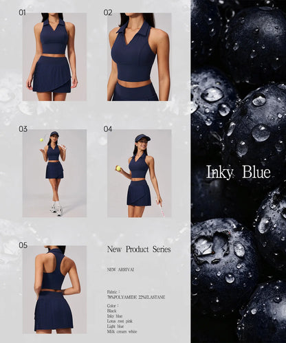 SOISOU Nylon Women Two Pieces Yoga Set Ribbed V-Neck Gym Top Sport Tennis Skirt 2pcs Suit Sportswear Workout Clothes 5 Colors