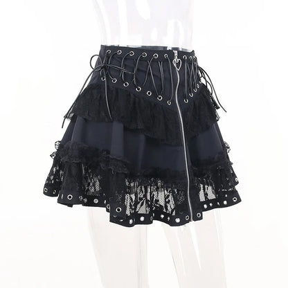 Gothic Skater Punk Vintage High Wasit Skirt Women's Zipper Front Japanese Style Kawaii Black Harajuku Cosplay Mini Skirts