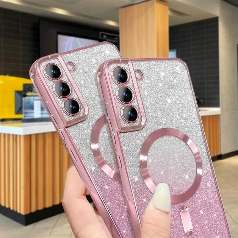 Glitter Magnetic Case For Samsung Galaxy S26 S24 Ultra S23 S22 S21 S25 Plus S20 FE A56 A55 A36 A17 Plating Wireless Bright Cover