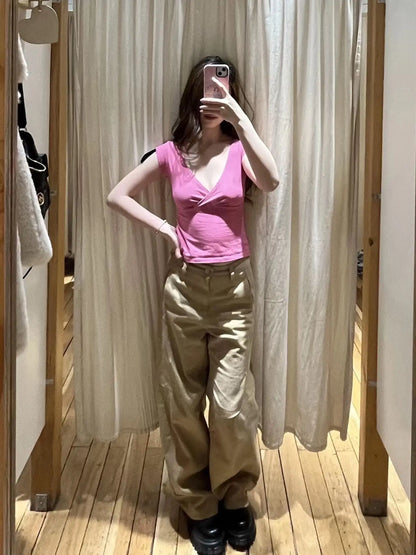 New Rose Red Slim Crop Top Woman Sexy V-neck Short Sleeve Cotton Cropped T-shirt Solid Casual Simple Sweet All-match Tee Tops