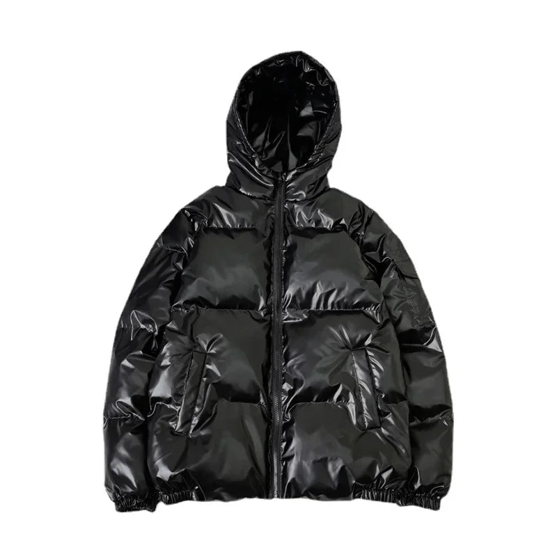 Streetwear Fashion Bright Silver Puffer Jackets for Men Thicken Winter Mens Coats Casual Hooded Cotton Wadded Heated Jacket Men