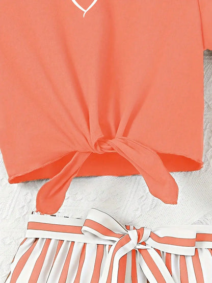 Women's casual daily short sleeved love printed+striped printed shorts 2-piece set with random belt striped children's clothing