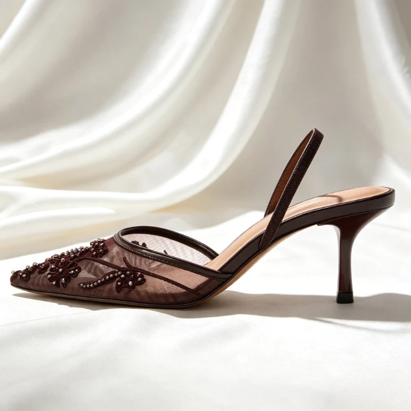 Sexy Pointed Toe Mesh Embroider High Heels for ladies Elegant String Bead pumps Summer Luxury Designer Shoe Brown Heeled Sandals
