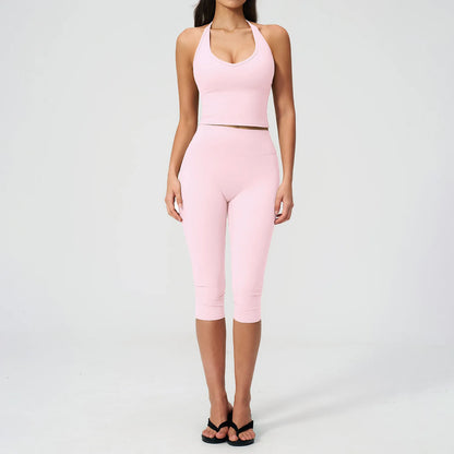 Women Tracksuit Yoga Set 2PCS Sports Set Short Sleeve Fitness Outfits Workout Clothes Running Capri Pants Gym Suit Athletic Wear