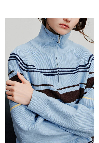 TOYOUTH Women Knitted Sweater 2026 Autumn New Fashionable Style Striped Zipper High Collar Woolen Pullover Sweater Tops