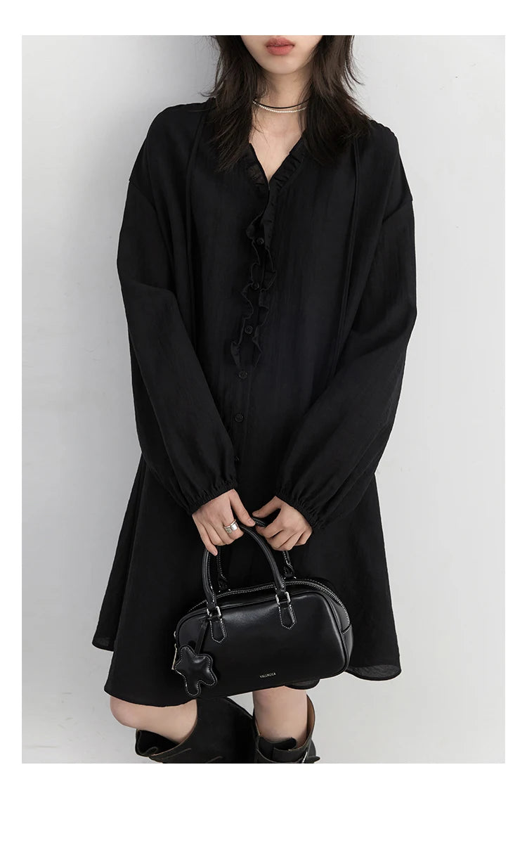 Women Loose Dress - Casual V-Neck Long Sleeve A-Line Knee Dress With Ruffled Lantern Sleeves