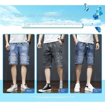 Denim Knee Length Shorts - Casual Loose Fit Multi Pocket Boyfriend Style Jeans