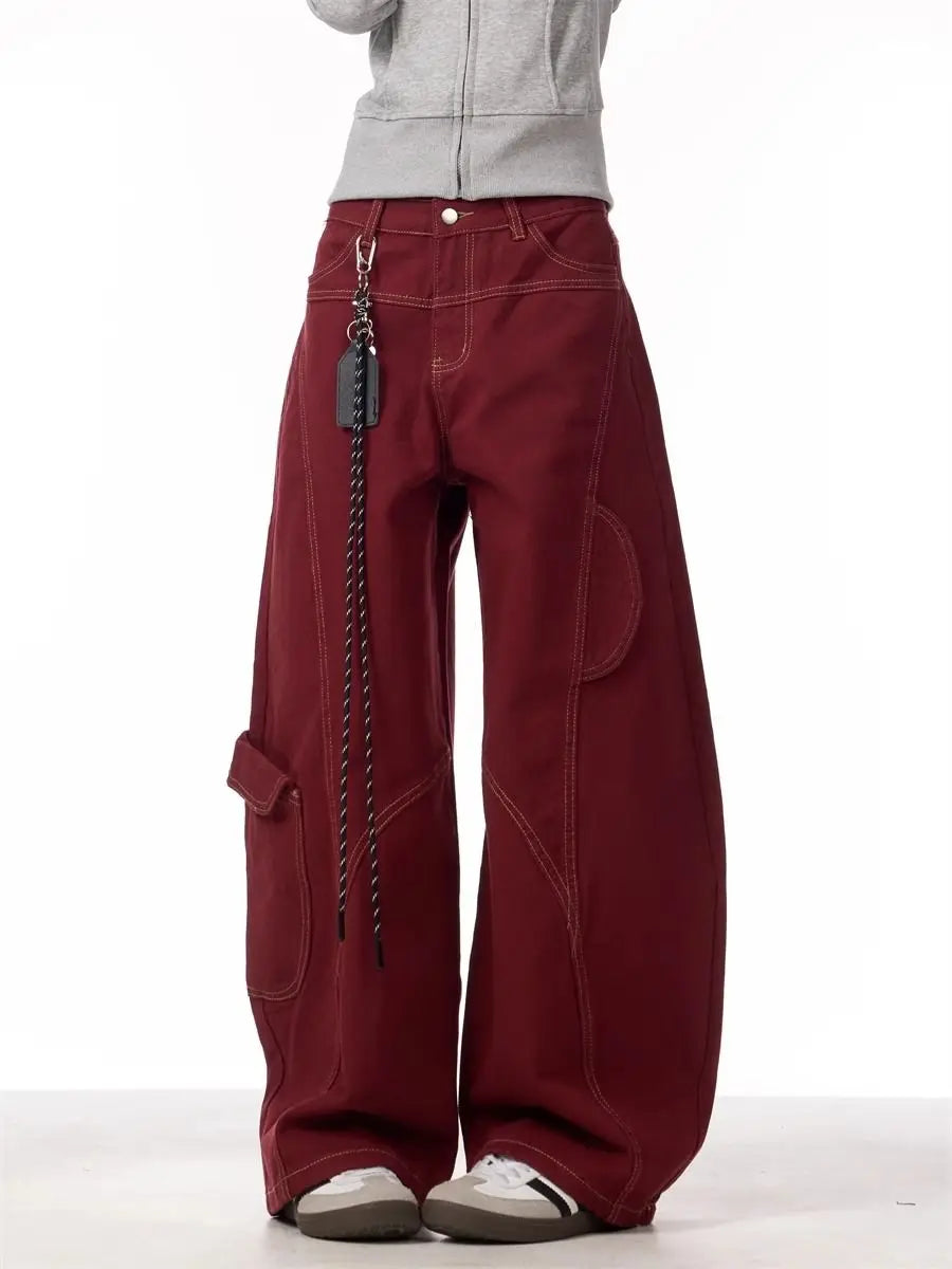 Cargo Red Casual Jeans Womens Workwear Pants Loose Straight Wide Leg Trousers Spring Korean Style Lazy Comfortable Chic
