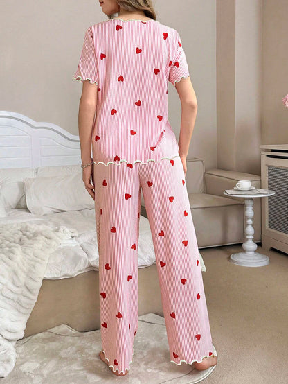 Women's Autumn and Winter Pajamas, Cute Striped Heart Print, Casual and Comfortable, Fashionable Short-Sleeved Long Pants, Can B