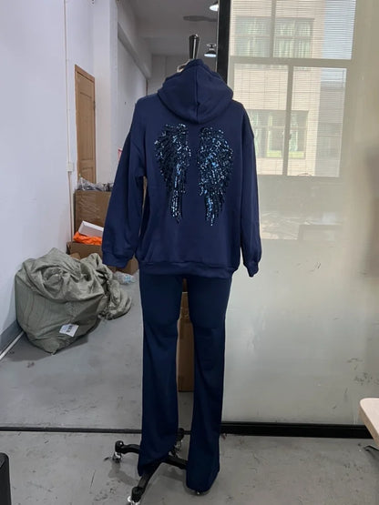 Sequin Angel's Wings Hoodies Women Chic Loose Long Sleeve Pullovers Top Slim Yoga Pant Set 2025 New Casual Lady Two Piece Sets