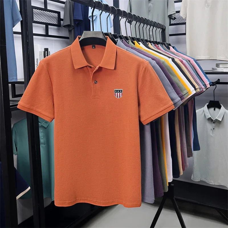 Men's Summer Luxury 100% Cotton Polo Shirt, Lapel Print Short Sleeve T-shirt, Breathable Business Casual Menswear