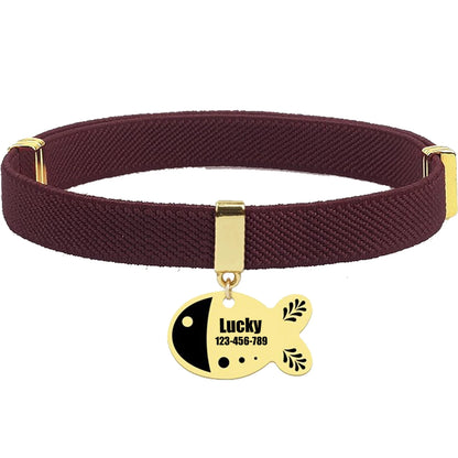 Free Customized Cat Collar Cute Fish Metal Necklace Pet ID Name Tag Personalized GPS Tracker Kitten Dog Breakaway Elastic Collar