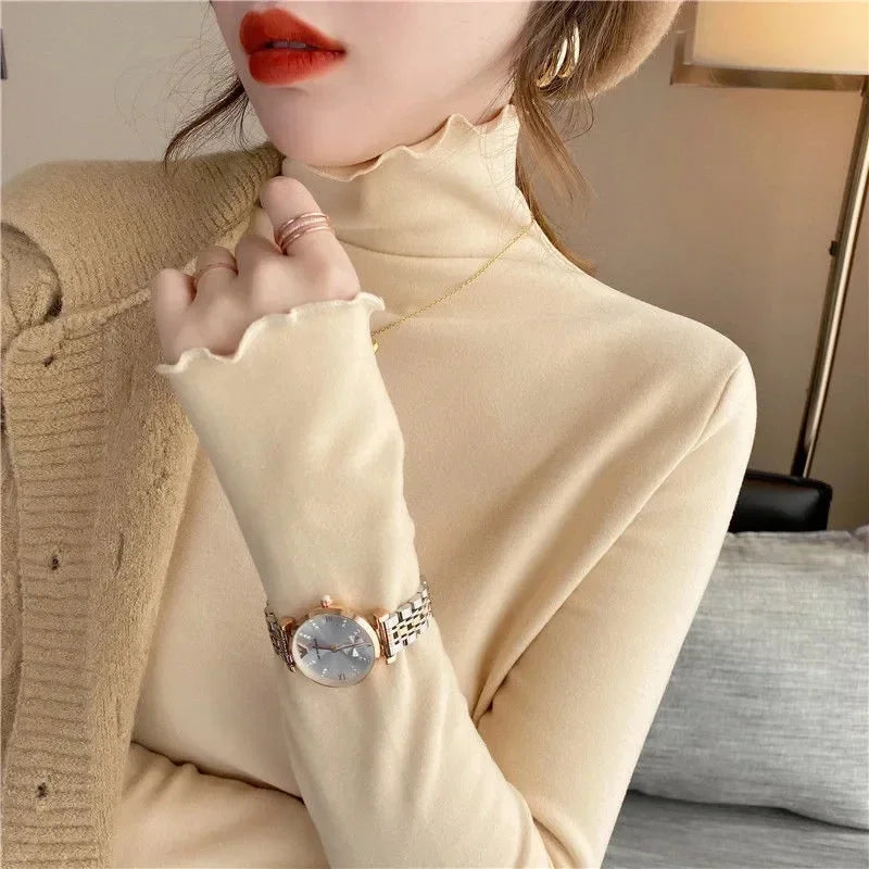 Women Turtleneck Tops – Long Sleeve Shirts With Ruffled Petal Sleeve, Plus Size Winter Fleece