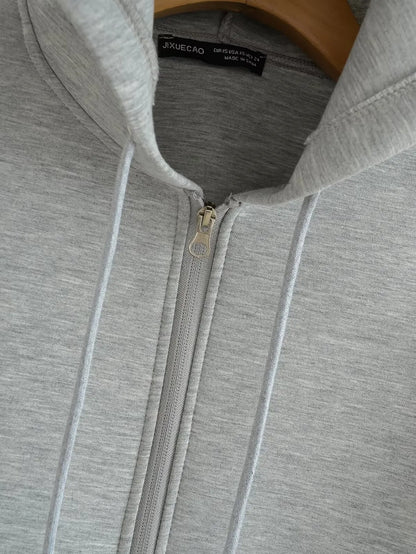 Women's Zipper Hoodie Oversize Jacket – Casual Outerwear Double Pocket Coat