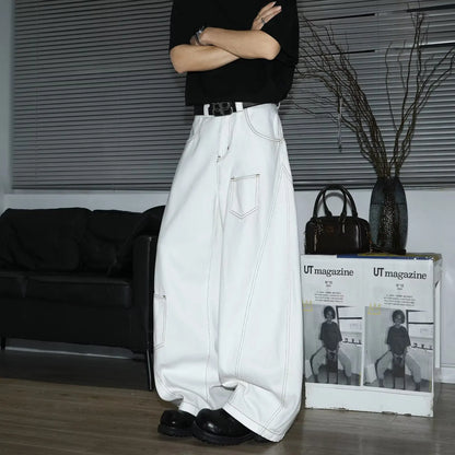 Y2K Men's Jeans White High-Waisted Wide-Leg Denim Pants Retro Baggy Style Fashion Loose Fit Casual Denim Trousers Streetwear