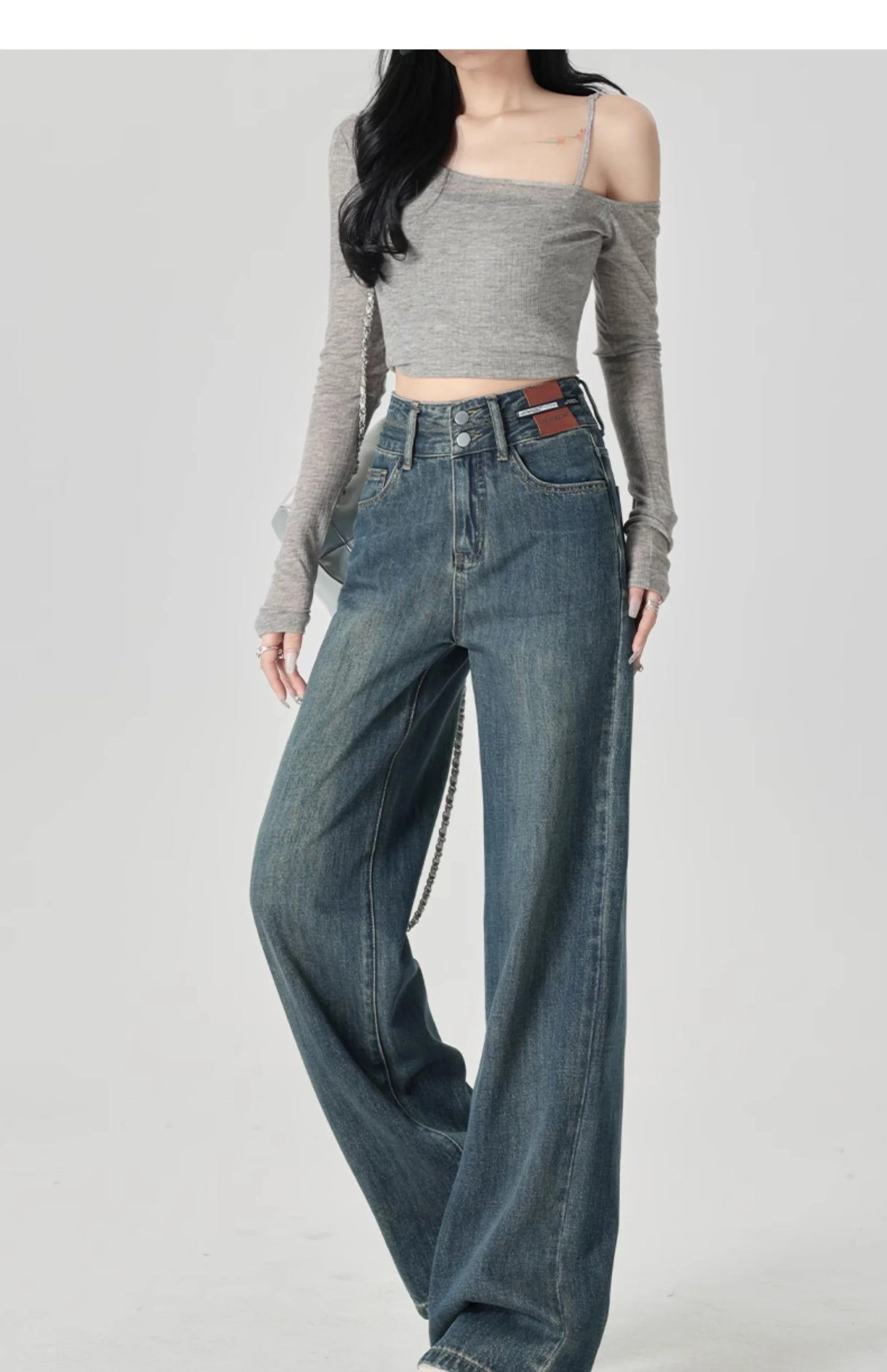 Women's Narrow Cut Wide Leg Jeans With High Waist And Hanging Feeling Straight Leg Casual Look Slim Contrasting Colors Pants