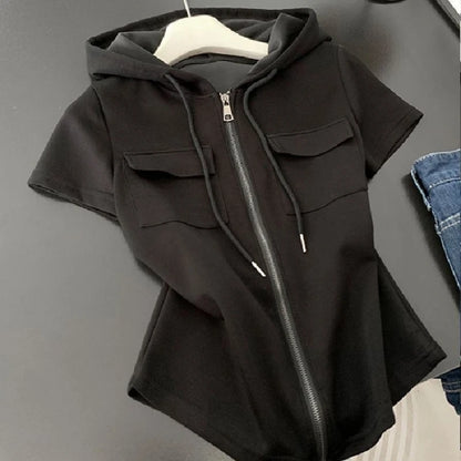 2026 Zebra Print Zip Up Hoodie Women's Clothing Hooded Short Sleeve Sweatshirts Y2k Tops Punk Causal Tees Fashion Summer Hoodies