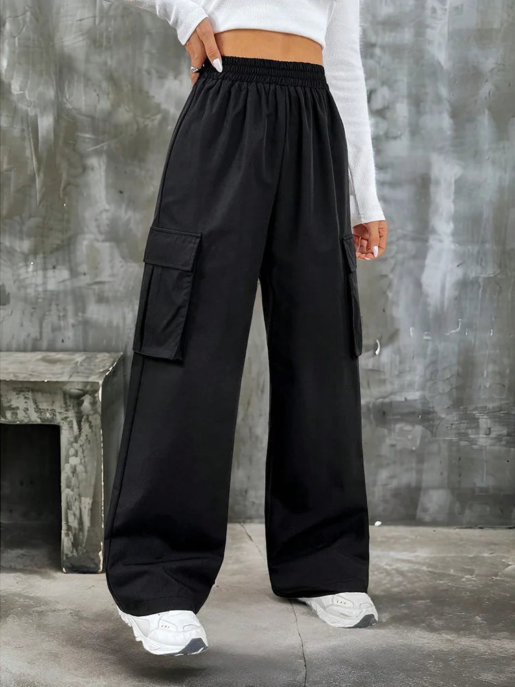 Elegant Solid High Waist Ripped Pant Fashion Women Pocket Elastic Straight Cargo Pants Casual Streetwear Sweatpant Y2K Trousers