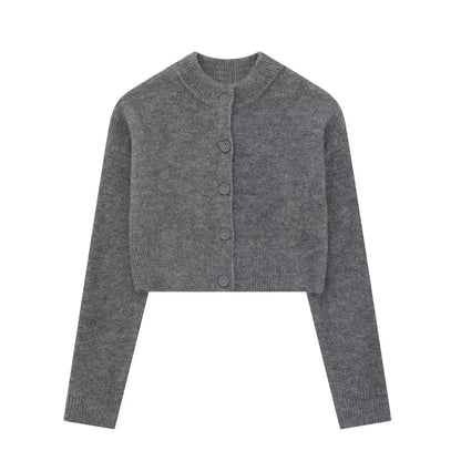 HH Women Cropped Knit Cardigan Sweater Single Breasted Long Sleeve O Neck Coat Elegant Solid Outerwear Female Chic Top