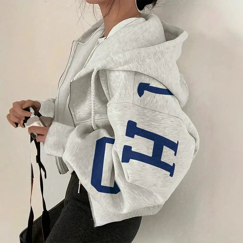 Women Y2K Crop Zip Up Hoodie Letter Print Oversized Long Sleeve Hooded Sweatshirt Casual Streetwear Short Jacket Outerwear