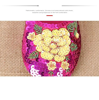 36-40 Women Slippers Sequin Embroider Shoes Summer Silk Fabric Flats Flower Closed Toe Soft Sole Non-slip Chinese Style Footwear