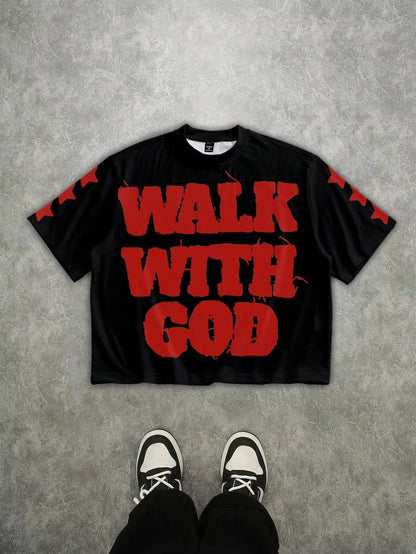 Walk with God Faith Quote Oversized T Shirt Men Women Christian Religious Graphic Short Sleeve Crew Neck Streetwear Tops 2026