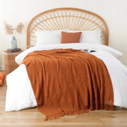 Caramel Knit Throw Blanket - Lightweight Plaid Blanket for Couch and Bed