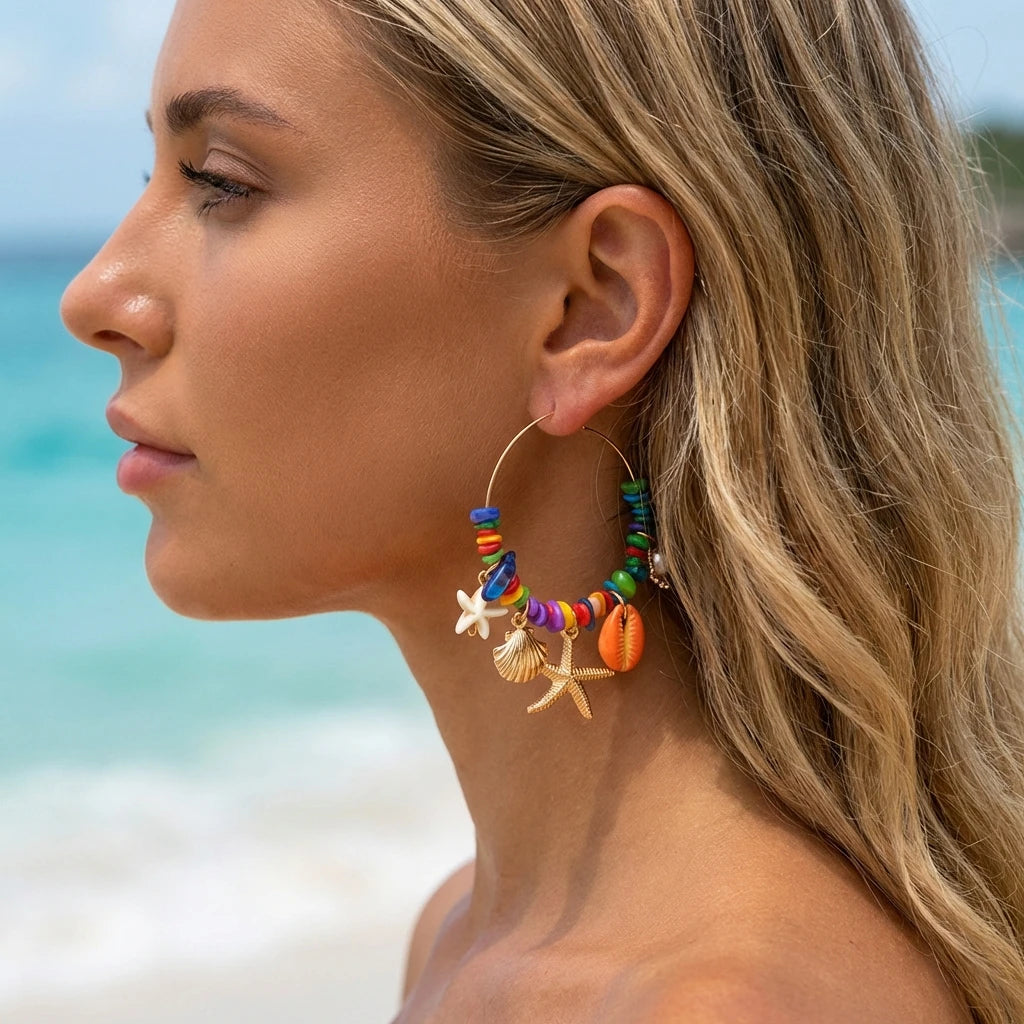 Boho Stone Hoop Earrings – Starfish & Shell Dangle (Y2K Beach)