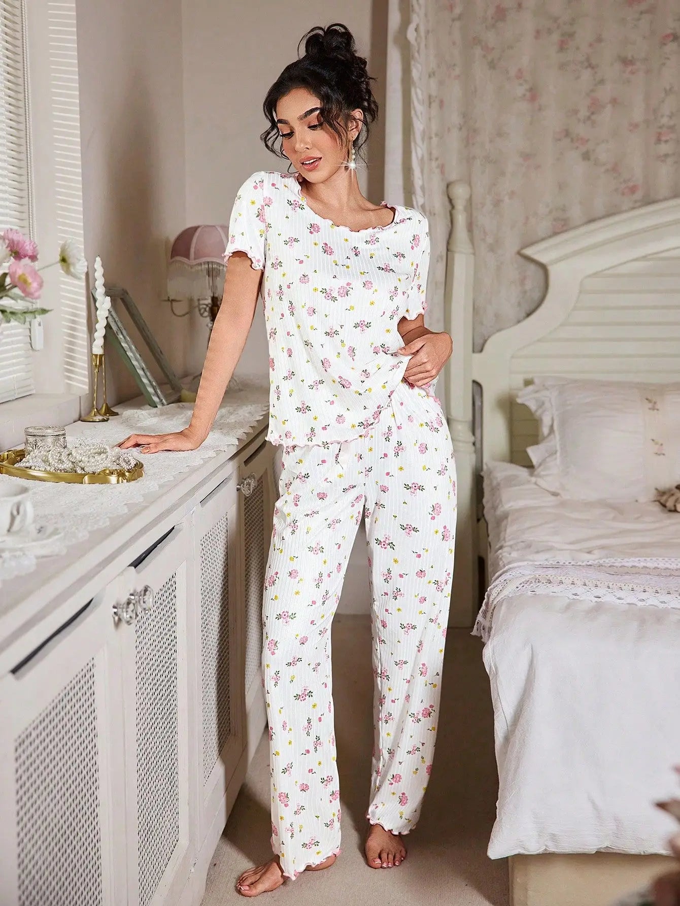 New European and American style loose-fitting women's pajamas, floral short-sleeved long pants home wear, casual two-piece set s