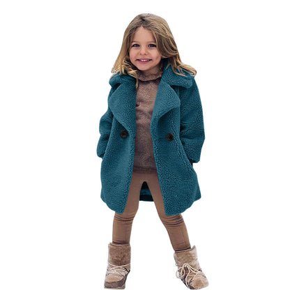 Lamb Fleece Girls Jacket Autumn Winter New Girls Long Style Solid Color Thick Warm Lapel Windbreaker For 2-6Y Girls Overcoat
