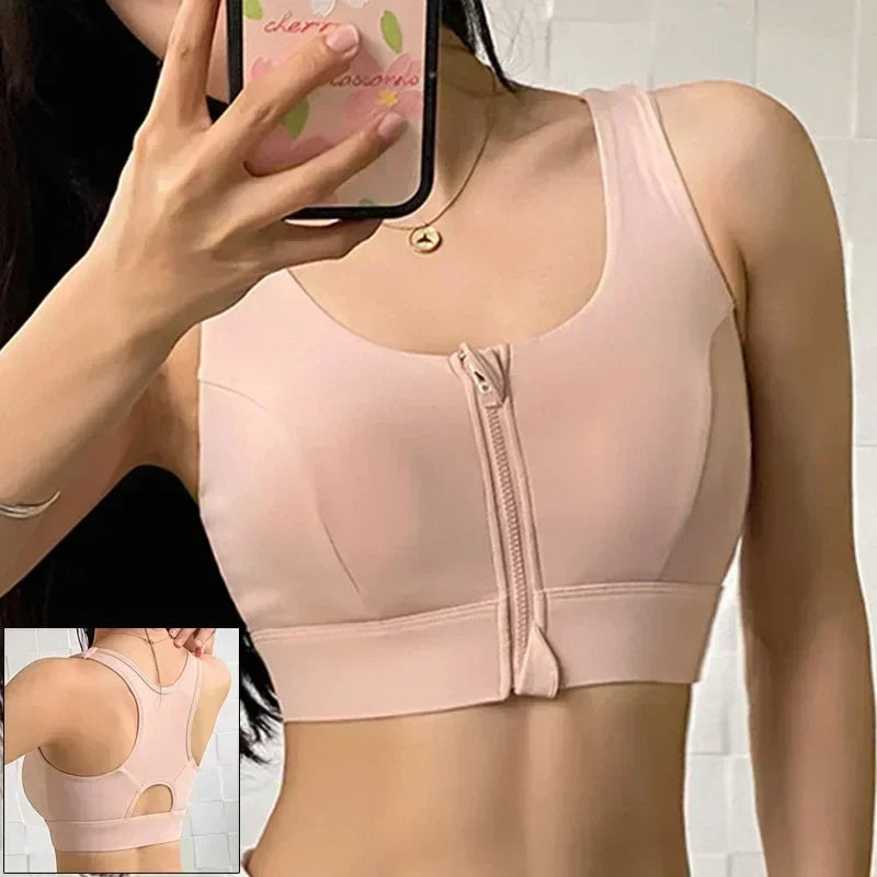 Front Zipper Sports Bra - Women's Athletic Crop Top, Push Up Wireless Fitness Tank