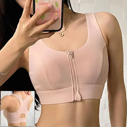 Front Zipper Sports Bra - Women's Athletic Crop Top, Push Up Wireless Fitness Tank