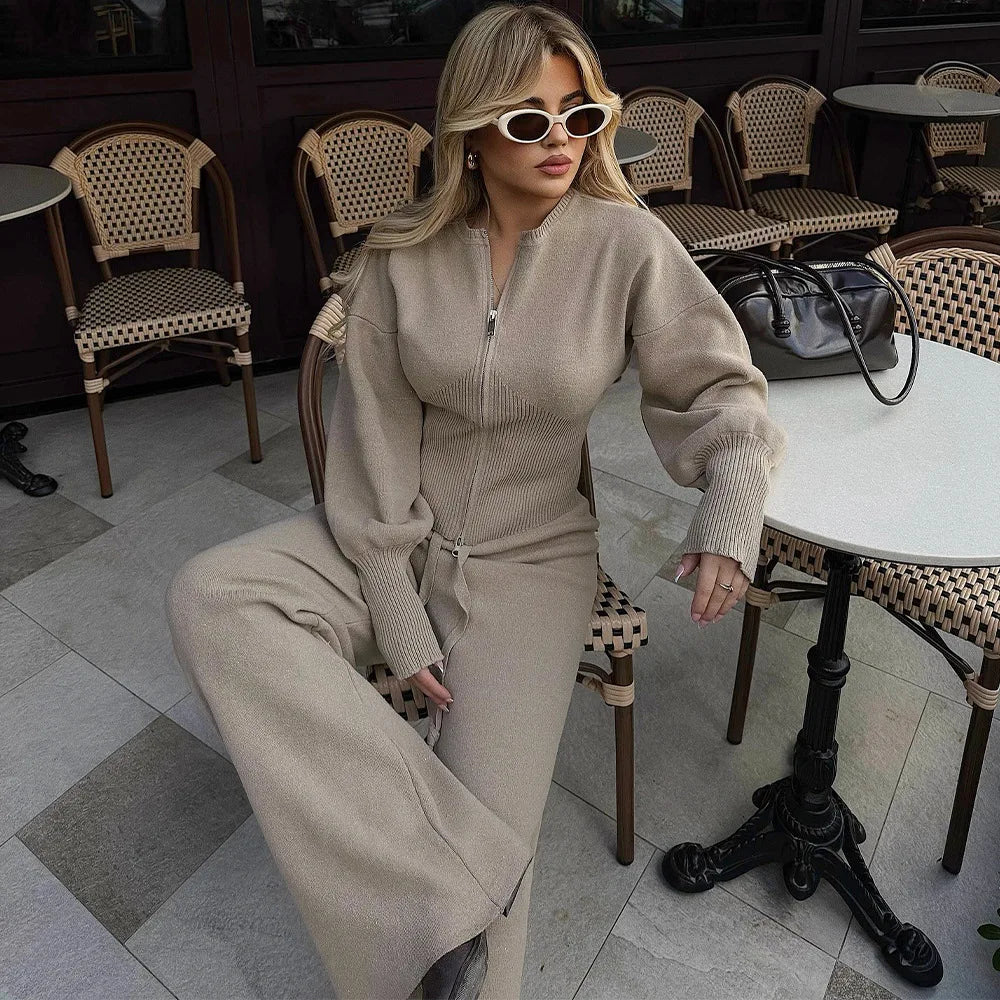 Bornladies 2026 Spring  New Knitted Wo-piece Set Zipper Top High-waisted Elastic Waist Straight Pants Set Mininalist Casual Suit
